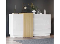 Buffet brilhante 140x35x81 cm - com 2 portas - com 4 gavetas - MDF - branco
