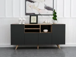 Buffet com 4 portas e 3 nichos - Preto e Natural - MOSTIA