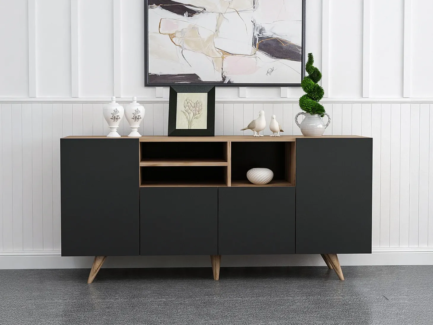 Buffet com 4 portas e 3 nichos - Preto e Natural - MOSTIA