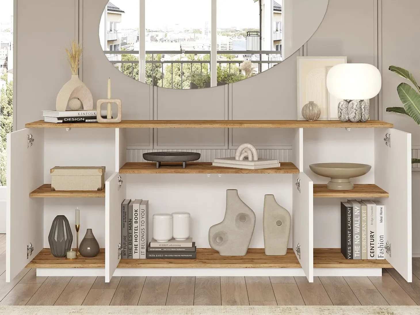 Buffet com 4 portas e 1 prateleira - Branco e natural - LOTULA