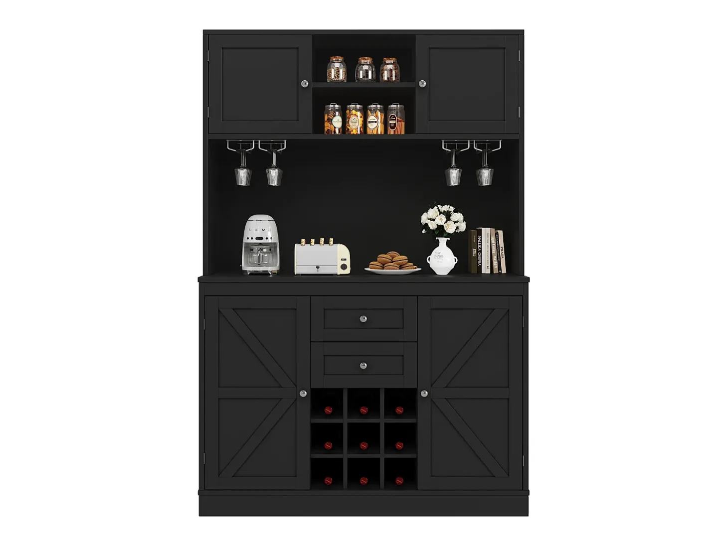 Buffet de cozinha - 4 portas e 2 gavetas - Prateleiras e garrafeiras ajustáveis - Preto