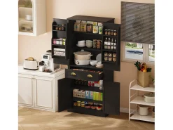 Buffet de cozinha 80×40×182 cm - com 2 portas e 1 gaveta - 2 portas com prateleiras - preto