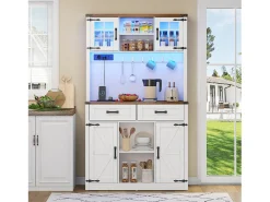 Buffet de cozinha 100×40×172 cm - com USB e tomada - com LED - 4 portas e 1 gaveta - branco+natural