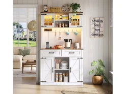 Buffet de cozinha 100×40×172 cm - com USB e tomada - com LED - 4 portas e 1 gaveta - branco+natural