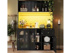 Buffet de cozinha 120×35×167 cm - com iluminação LED - 1 gaveta e 5 portas - prateleiras ajustáveis - preto