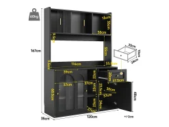 Buffet de cozinha 120×35×167 cm - com iluminação LED - 1 gaveta e 5 portas - prateleiras ajustáveis - preto