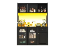 Buffet de cozinha 120×35×167 cm - com iluminação LED - 1 gaveta e 5 portas - prateleiras ajustáveis - preto