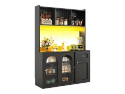 Buffet de cozinha 120×35×167 cm - com iluminação LED - 1 gaveta e 5 portas - prateleiras ajustáveis - preto