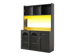 Buffet de cozinha 120×35×167 cm - com iluminação LED - 1 gaveta e 5 portas - prateleiras ajustáveis - preto