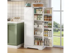 Buffet de cozinha 60×35×128 cm - com sensor de luz LED - com 2 portas - com prateleiras - com decoração de listras verticais - Branco