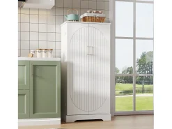 Buffet de cozinha 60×35×128 cm - com sensor de luz LED - com 2 portas - com prateleiras - com decoração de listras verticais - Branco