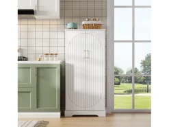 Buffet de cozinha 60×35×128 cm - com sensor de luz LED - com 2 portas - com prateleiras - com decoração de listras verticais - Branco