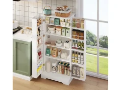 Buffet de cozinha 60×35×128 cm - com sensor de luz LED - com 2 portas - com prateleiras - com decoração de listras verticais - Branco