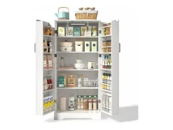 Buffet de cozinha 60×35×128 cm - com sensor de luz LED - com 2 portas - com prateleiras - com decoração de listras verticais - Branco