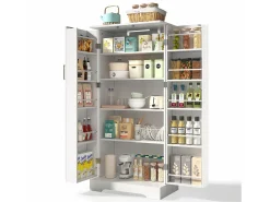 Buffet de cozinha 60×35×128 cm - com sensor de luz LED - com 2 portas - com prateleiras - com decoração de listras verticais - Branco