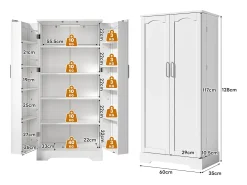 Buffet de cozinha 60×35×128 cm - com sensor de luz LED - com 2 portas - com prateleiras - Branco
