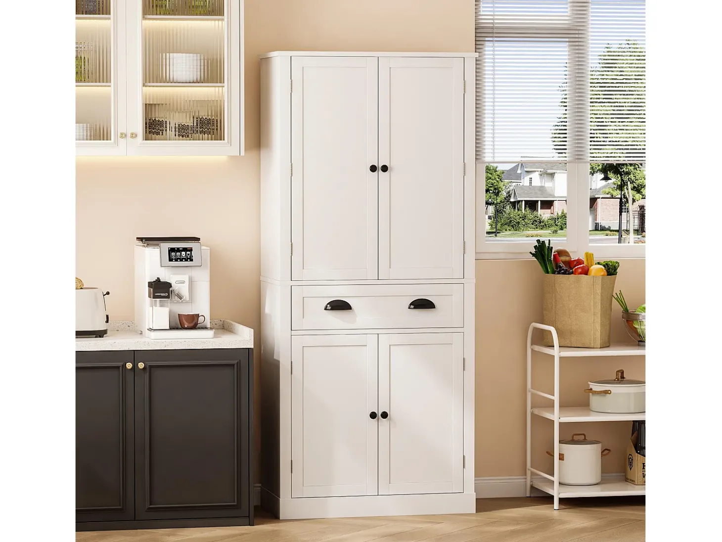 Buffet de cozinha 80×40×182 cm - com 2 portas e 1 gaveta - 2 portas com prateleiras - branco