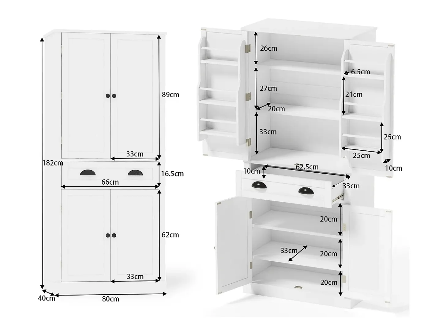 Buffet de cozinha 80×40×182 cm - com 2 portas e 1 gaveta - 2 portas com prateleiras - branco