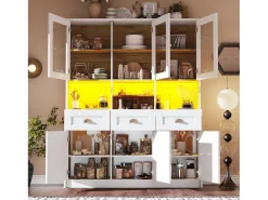 Buffet de cozinha moderno 140x40x175cm - 6 portas + 3 gavetas + 9 prateleiras - móvel alto - com iluminação LED - Branco