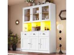 Buffet de cozinha moderno 140x40x175cm - 6 portas + 3 gavetas + 9 prateleiras - móvel alto - com iluminação LED - Branco