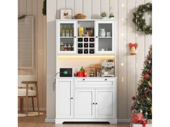 Buffet de cozinha moderno 100x40x180cm - con tomada e LED - con 1 gaveta e 5 portas - con prateleira para especiarias - Branco