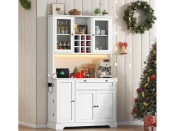 Buffet de cozinha moderno 100x40x180cm - con tomada e LED - con 1 gaveta e 5 portas - con prateleira para especiarias - Branco
