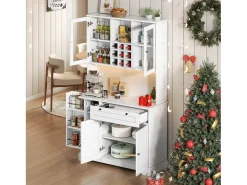 Buffet de cozinha moderno 100x40x180cm - con tomada e LED - con 1 gaveta e 5 portas - con prateleira para especiarias - Branco