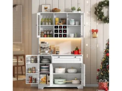 Buffet de cozinha moderno 100x40x180cm - con tomada e LED - con 1 gaveta e 5 portas - con prateleira para especiarias - Branco