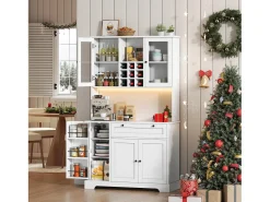 Buffet de cozinha moderno 100x40x180cm - con tomada e LED - con 1 gaveta e 5 portas - con prateleira para especiarias - Branco