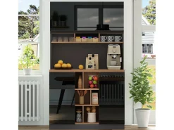 Buffet de cozinha moderno 105×45×185 cm - 5 portas - prateleiras ajustáveis - armazenamento aberto - preto e natural