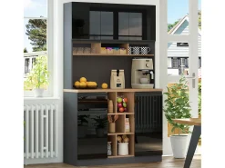 Buffet de cozinha moderno 105×45×185 cm - 5 portas - prateleiras ajustáveis - armazenamento aberto - preto e natural