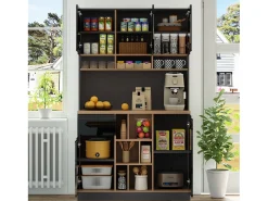 Buffet de cozinha moderno 105×45×185 cm - 5 portas - prateleiras ajustáveis - armazenamento aberto - preto e natural
