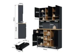 Buffet de cozinha moderno 105×45×185 cm - 5 portas - prateleiras ajustáveis - armazenamento aberto - preto e natural