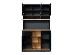 Buffet de cozinha moderno 105×45×185 cm - 5 portas - prateleiras ajustáveis - armazenamento aberto - preto e natural