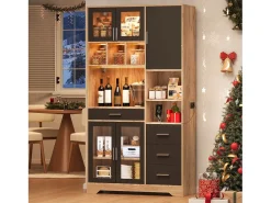 Buffet de cozinha moderno 100x40x185cm - con tomada e LED - con 4 gavetas e 5 portas - prateleiras ajustáveis - Natural + Preto
