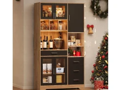 Buffet de cozinha moderno 100x40x185cm - con tomada e LED - con 4 gavetas e 5 portas - prateleiras ajustáveis - Natural + Preto