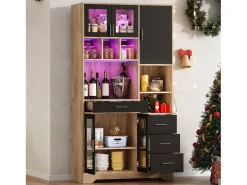 Buffet de cozinha moderno 100x40x185cm - con tomada e LED - con 4 gavetas e 5 portas - prateleiras ajustáveis - Natural + Preto