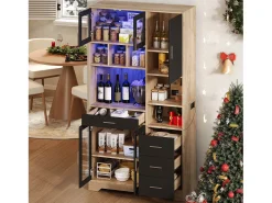 Buffet de cozinha moderno 100x40x185cm - con tomada e LED - con 4 gavetas e 5 portas - prateleiras ajustáveis - Natural + Preto