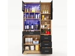 Buffet de cozinha moderno 100x40x185cm - con tomada e LED - con 4 gavetas e 5 portas - prateleiras ajustáveis - Natural + Preto
