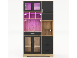 Buffet de cozinha moderno 100x40x185cm - con tomada e LED - con 4 gavetas e 5 portas - prateleiras ajustáveis - Natural + Preto