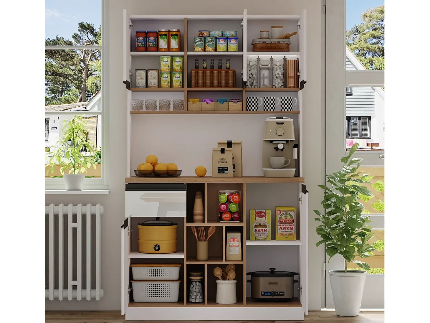Buffet de cozinha moderno 105×45×185 cm - 5 portas - prateleiras ajustáveis - armazenamento aberto - branco e natural