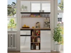 Buffet de cozinha moderno 105×45×185 cm - 5 portas - prateleiras ajustáveis - armazenamento aberto - branco e natural
