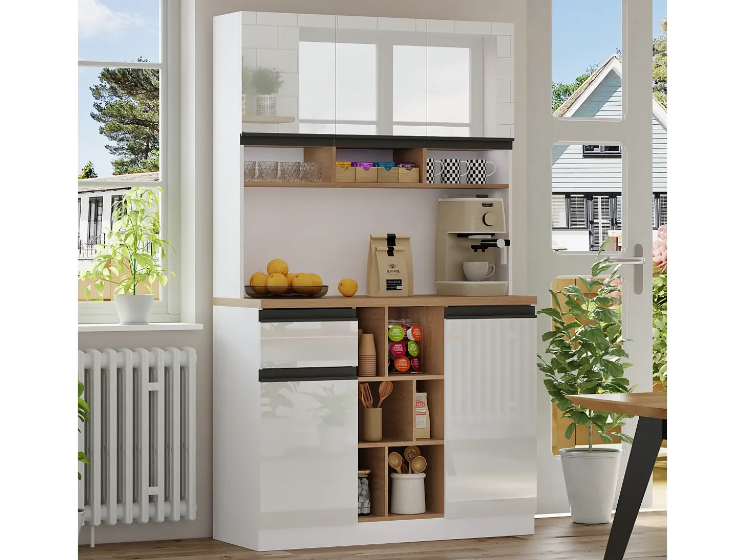 Buffet de cozinha moderno 105×45×185 cm - 5 portas - prateleiras ajustáveis - armazenamento aberto - branco e natural