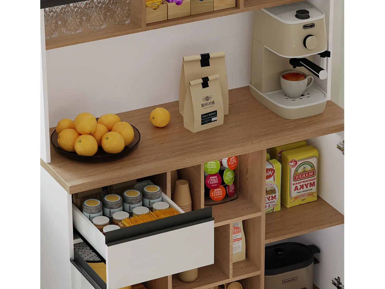 Buffet de cozinha moderno 105×45×185 cm - 5 portas - prateleiras ajustáveis - armazenamento aberto - branco e natural