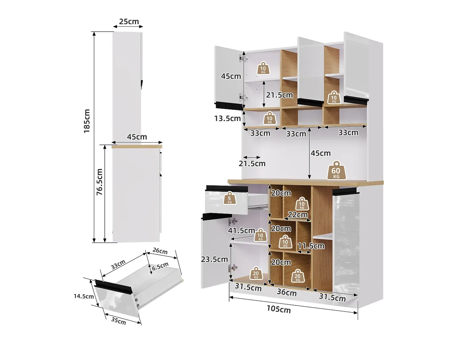 Buffet de cozinha moderno 105×45×185 cm - 5 portas - prateleiras ajustáveis - armazenamento aberto - branco e natural