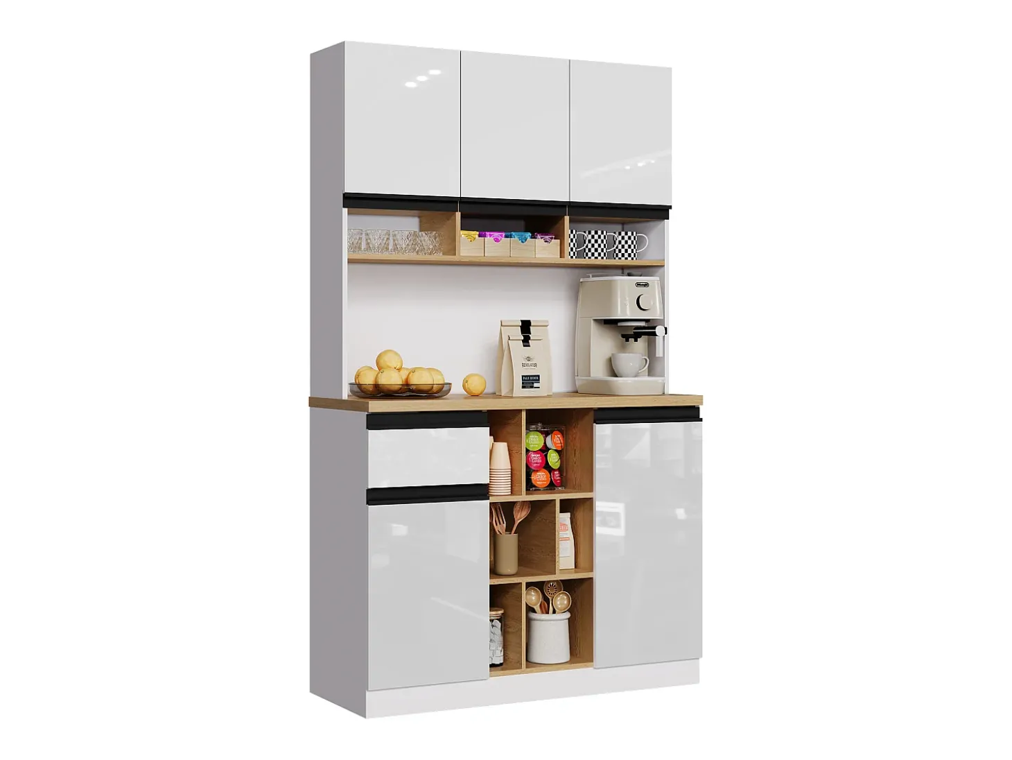 Buffet de cozinha moderno 105×45×185 cm - 5 portas - prateleiras ajustáveis - armazenamento aberto - branco e natural