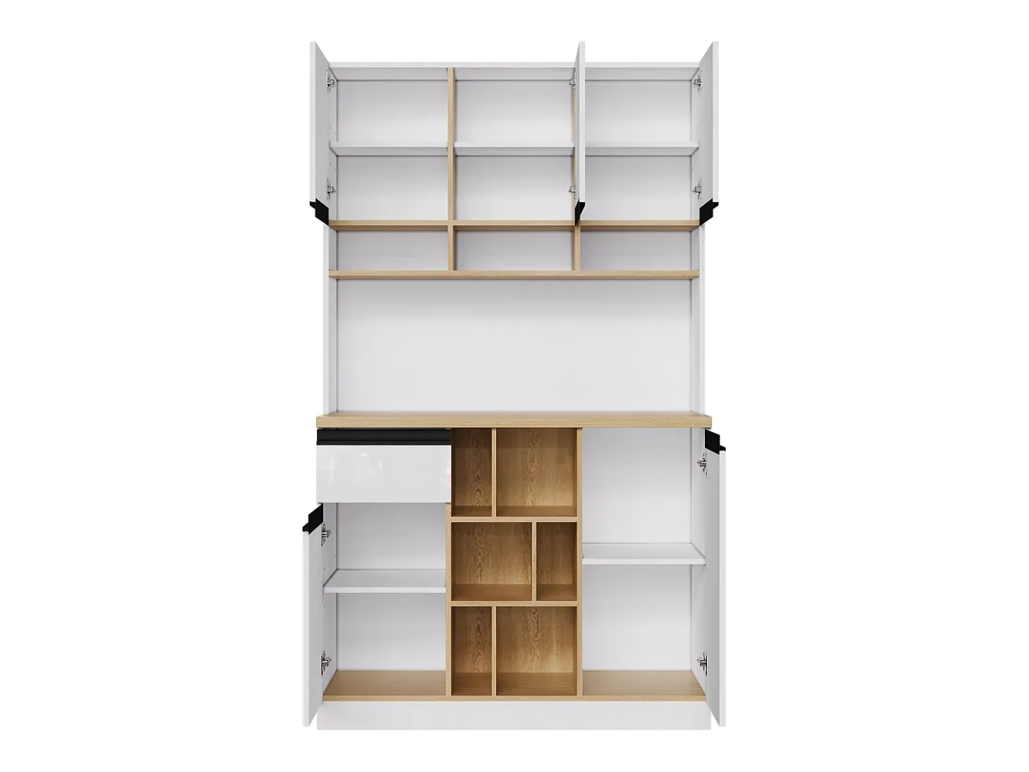 Buffet de cozinha moderno 105×45×185 cm - 5 portas - prateleiras ajustáveis - armazenamento aberto - branco e natural