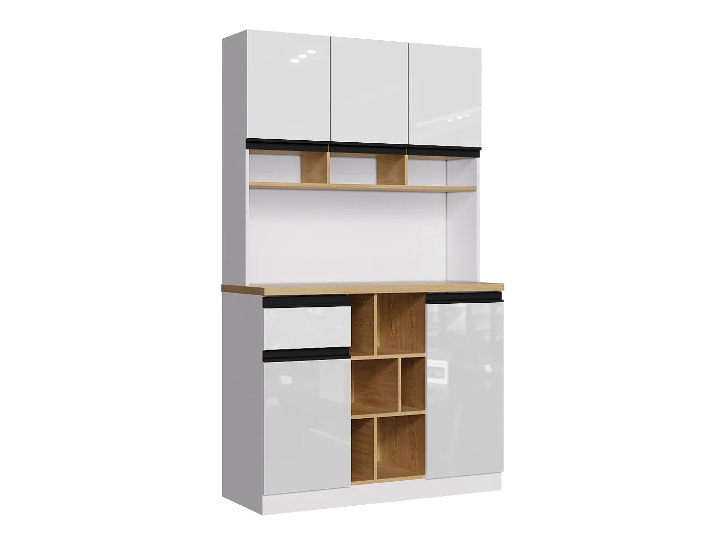 Buffet de cozinha moderno 105×45×185 cm - 5 portas - prateleiras ajustáveis - armazenamento aberto - branco e natural