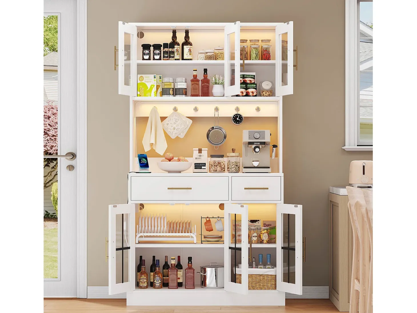 Buffet de cozinha moderno 100x40x180cm - con tomada e LED - com 2 gavetas e 6 portas - Branco