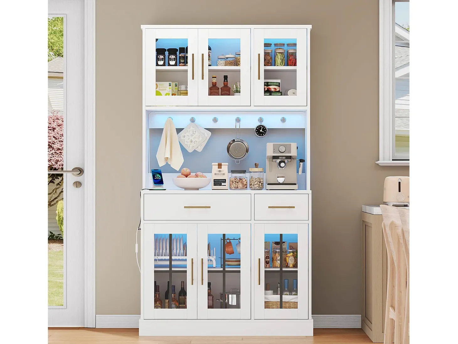 Buffet de cozinha moderno 100x40x180cm - con tomada e LED - com 2 gavetas e 6 portas - Branco